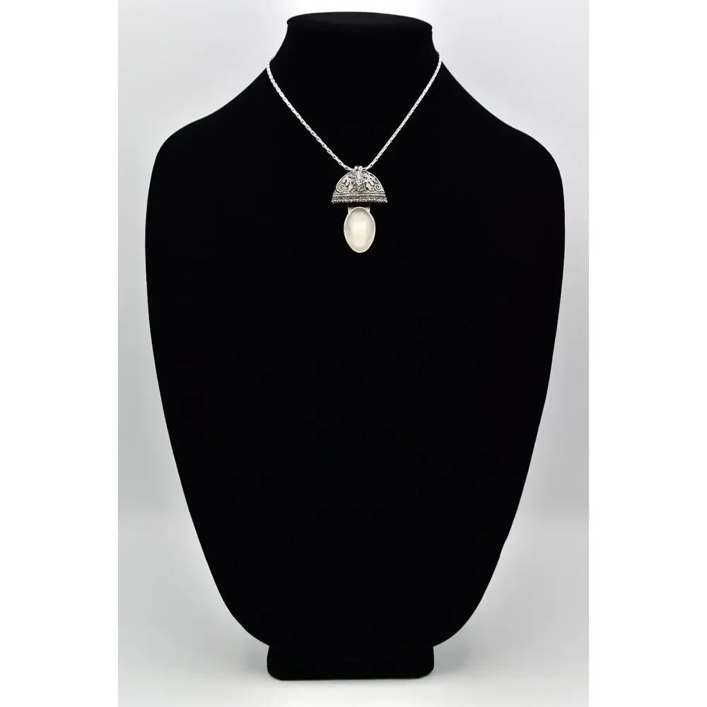 Rebecca Collins Pendant Necklace Frosted Cabochon Silver Tone Chain Signed BinBE
